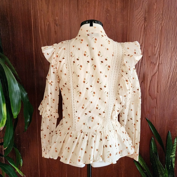 Sea New York Ruffle Rose Print Peplum Lace Tie Top 8 - Picture 2 of 7